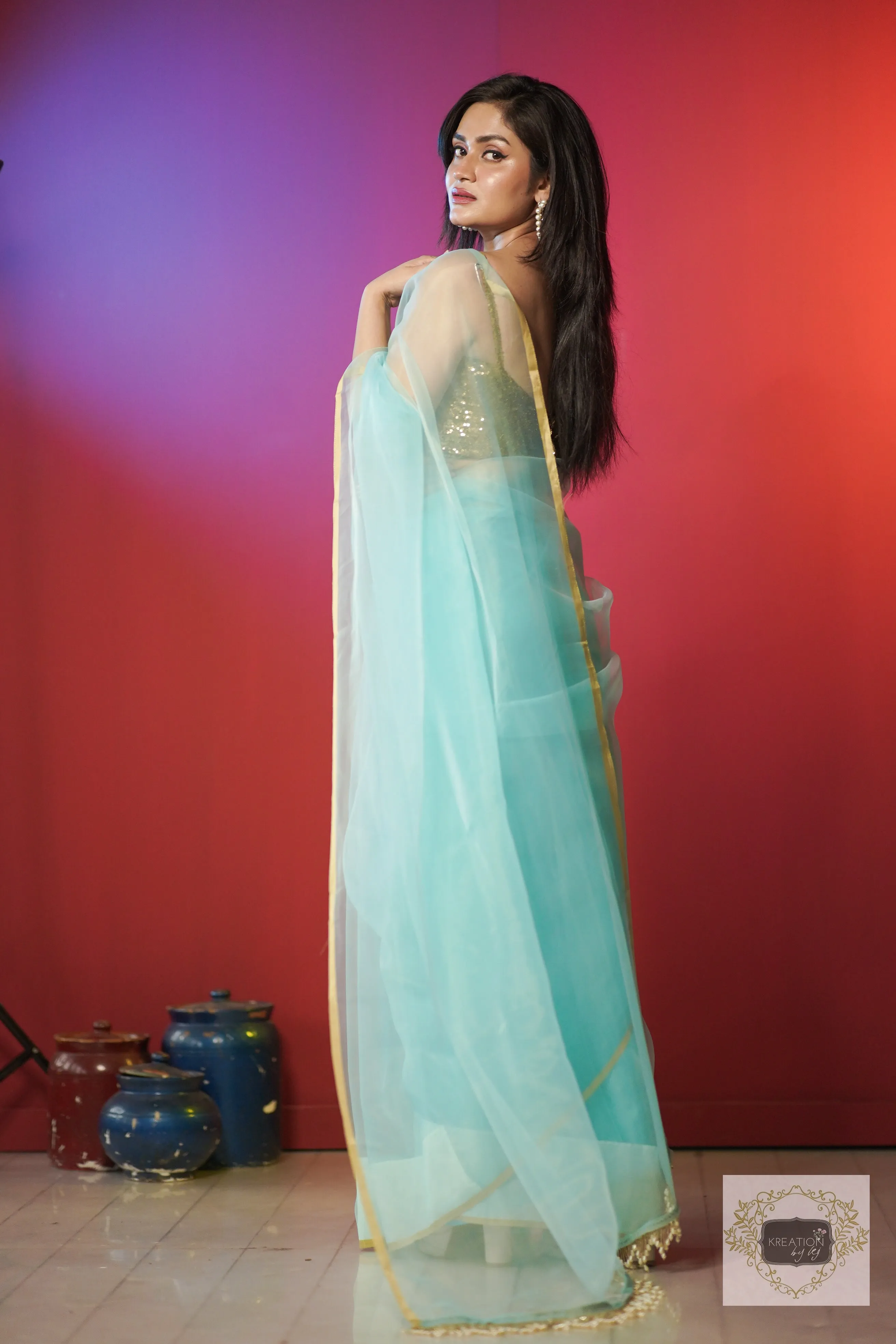 Ice Blue Organza Saree With Handmade Tassels On Pallu