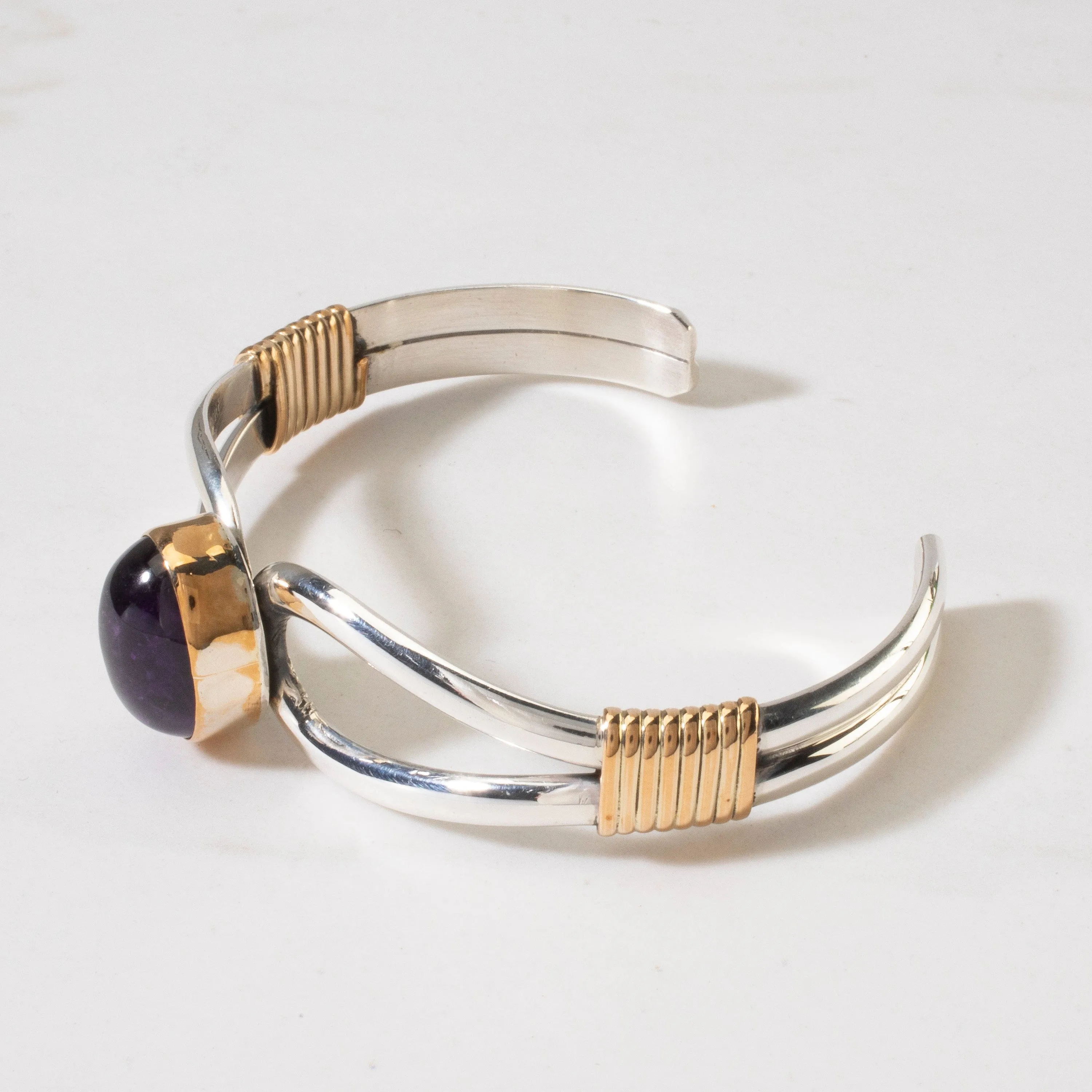 Lee Bennett Amethyst Cabochon USA Native American Made 925 Sterling Silver & 12K Gold Filled Cuff