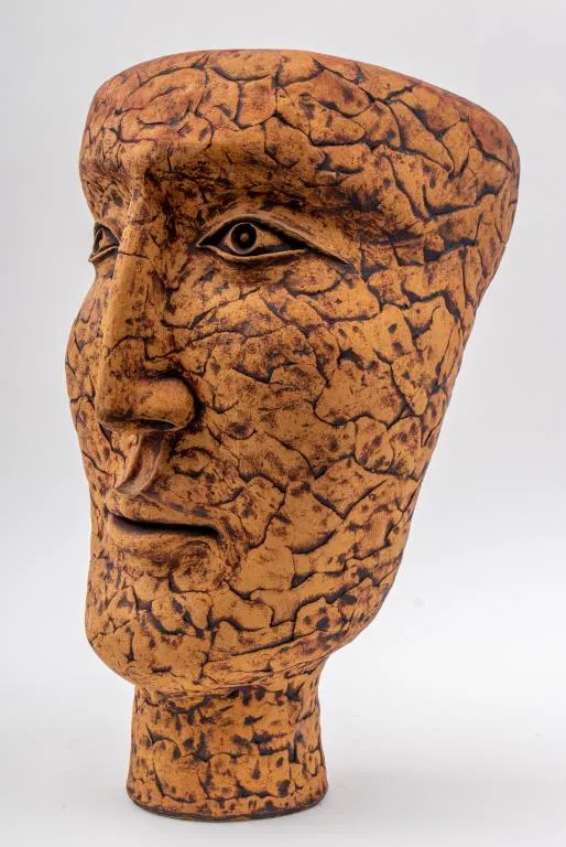 Louis Mendez Abstracted Head Ceramic Sculpture, Unglazed Stoneware, Signed