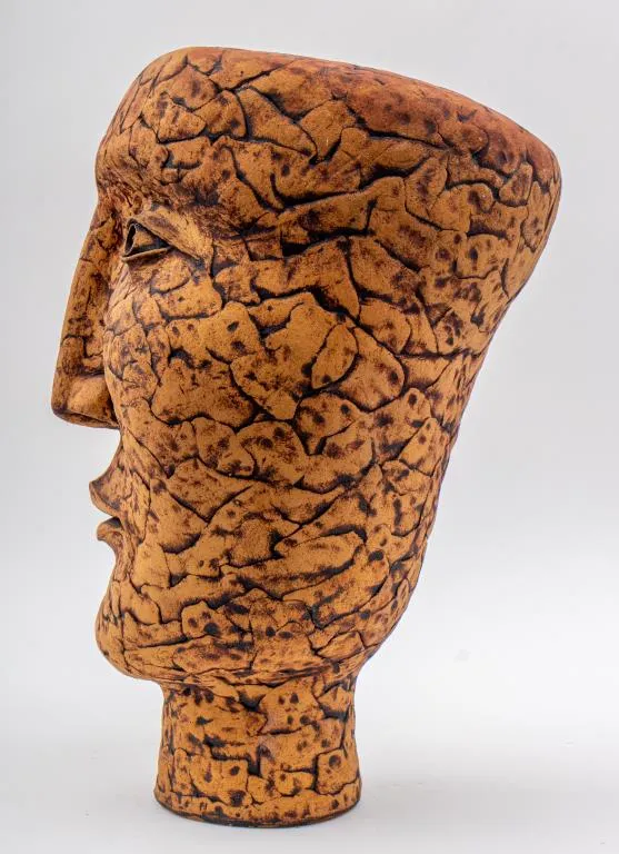 Louis Mendez Abstracted Head Ceramic Sculpture, Unglazed Stoneware, Signed