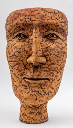 Louis Mendez Abstracted Head Ceramic Sculpture, Unglazed Stoneware, Signed