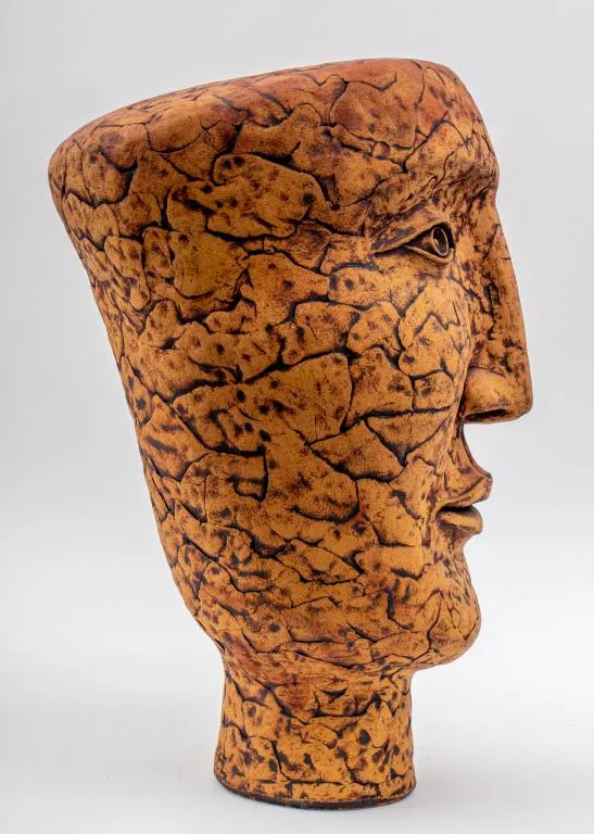 Louis Mendez Abstracted Head Ceramic Sculpture, Unglazed Stoneware, Signed