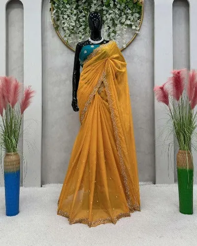 Mango Yellow Tibby Silk Moti Work Saree