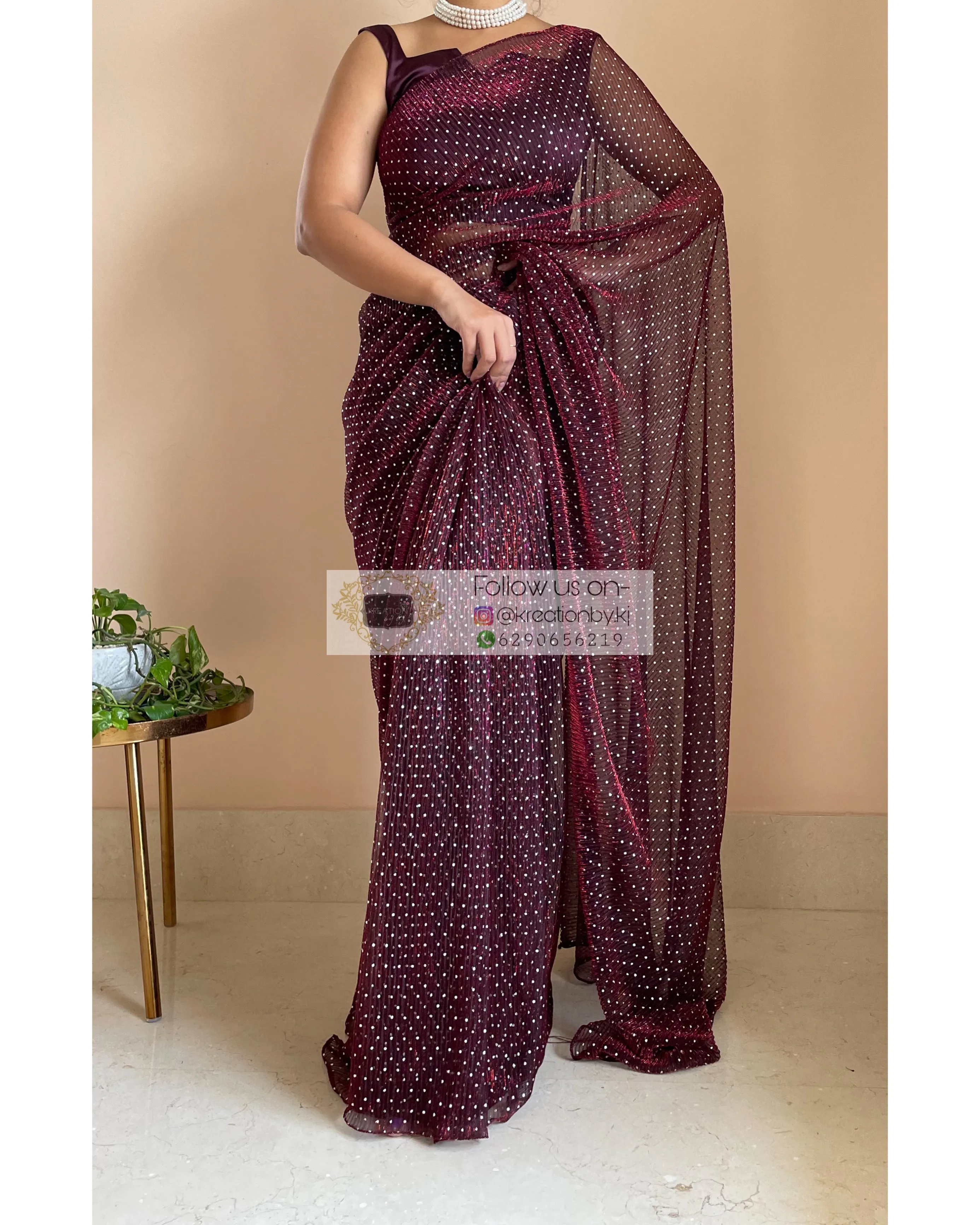 Maroon Wine Pleated Shimmer Saree