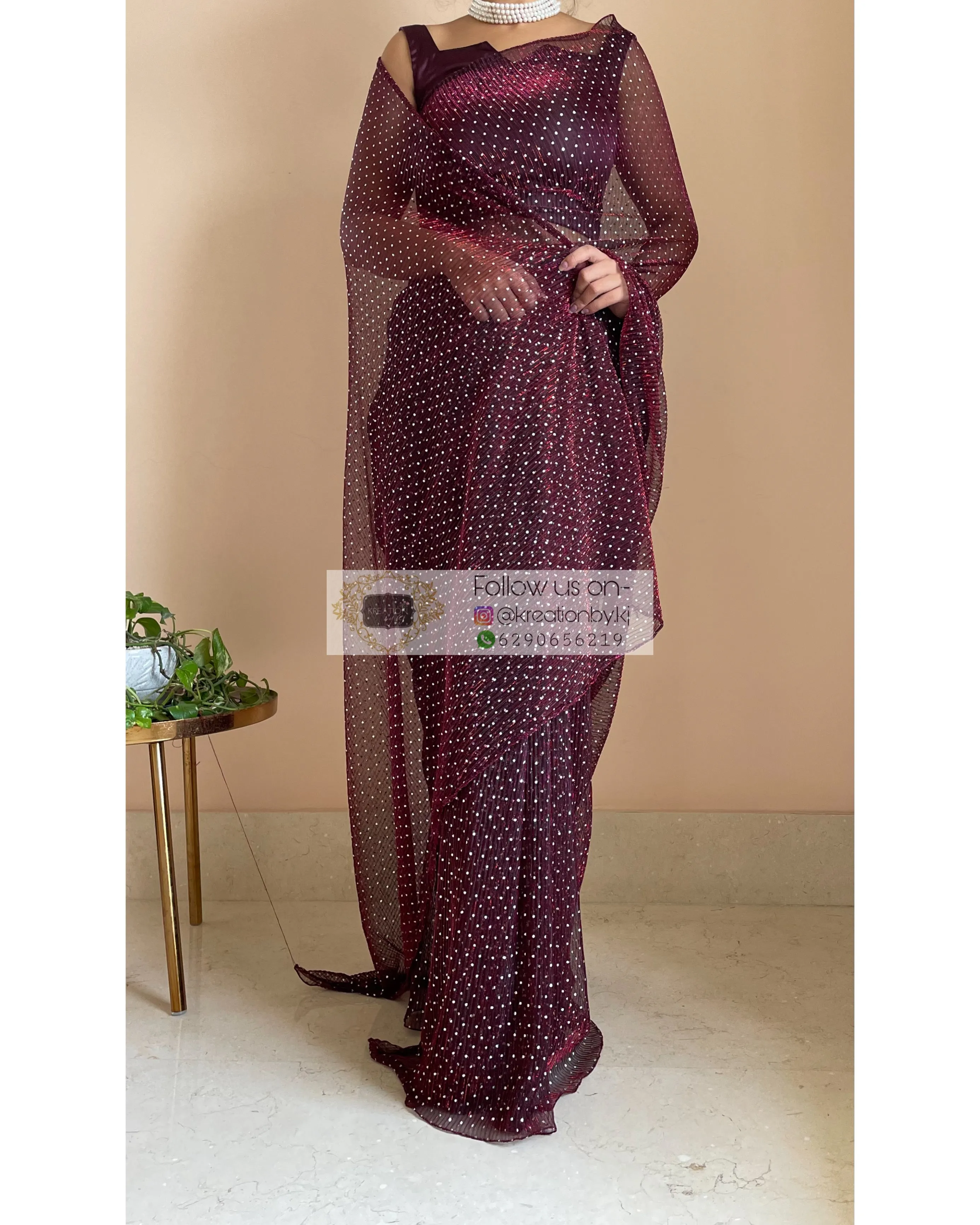 Maroon Wine Pleated Shimmer Saree