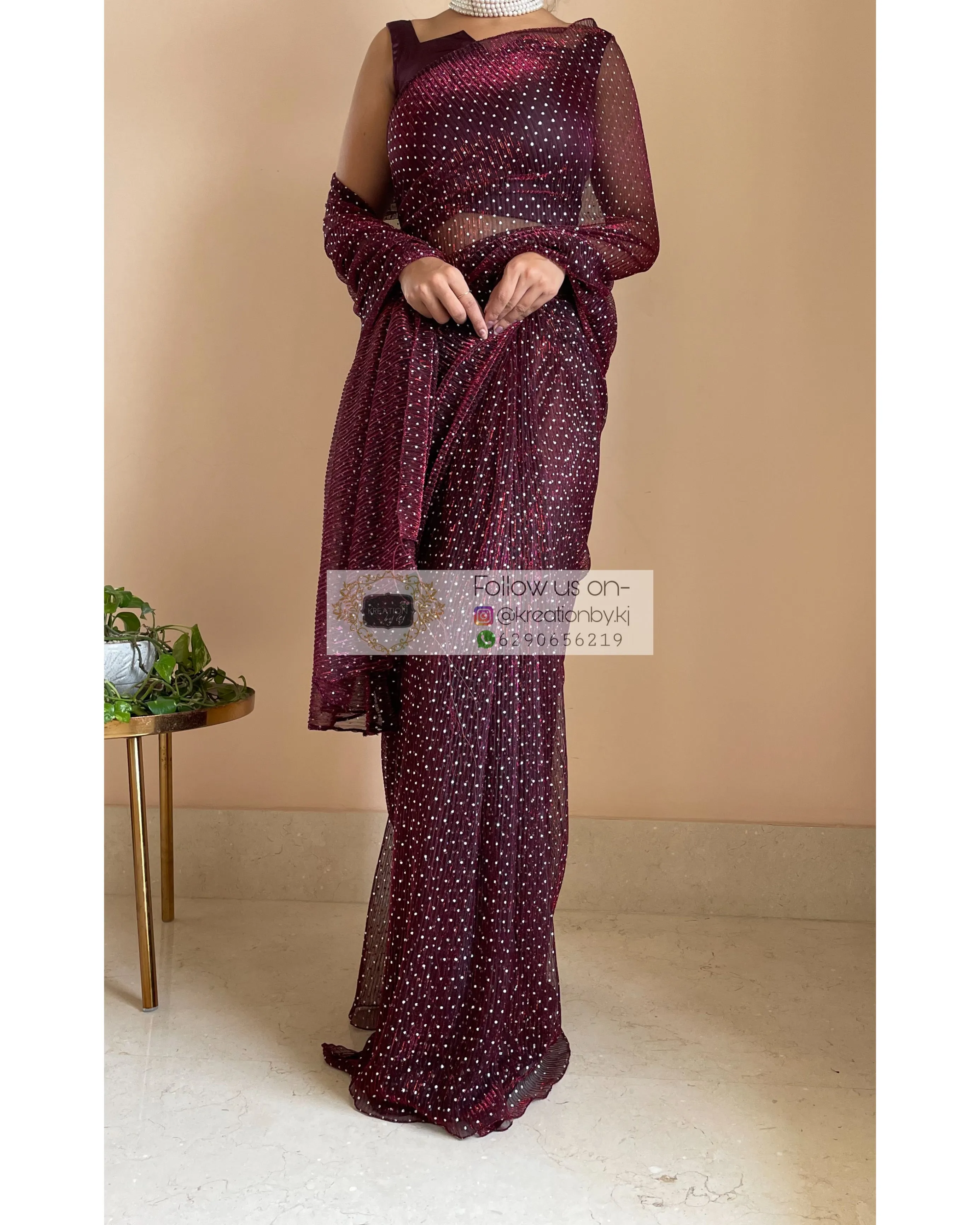 Maroon Wine Pleated Shimmer Saree