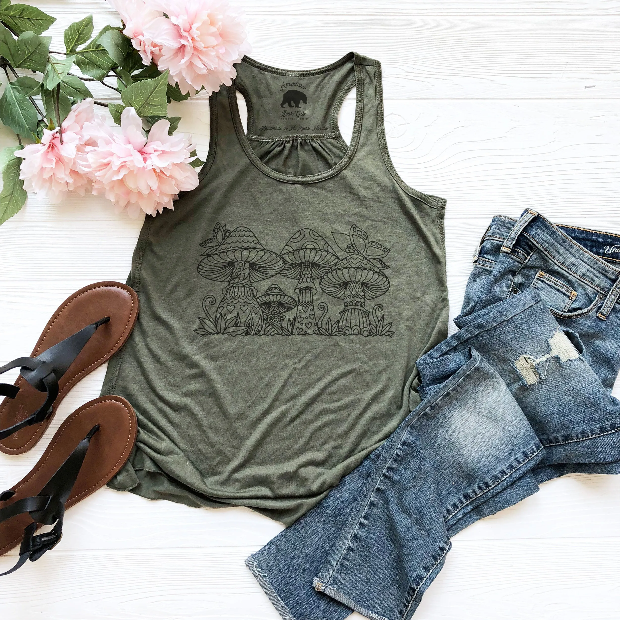 Mushrooms and Butterflies flowy racerback tank tops