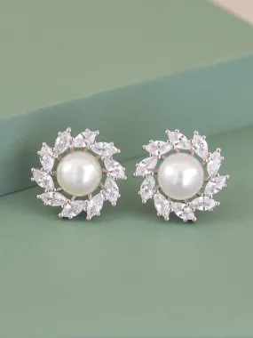 Natural Freshwater Pearl And Diamond Halo Earrings In 925 Silver