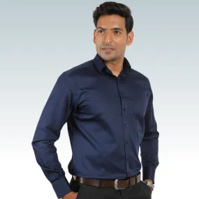 Navy Satin Regular Fit Cotton Shirt