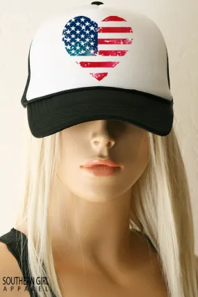 Red White and Blue Heart American Flag Trucker Hat