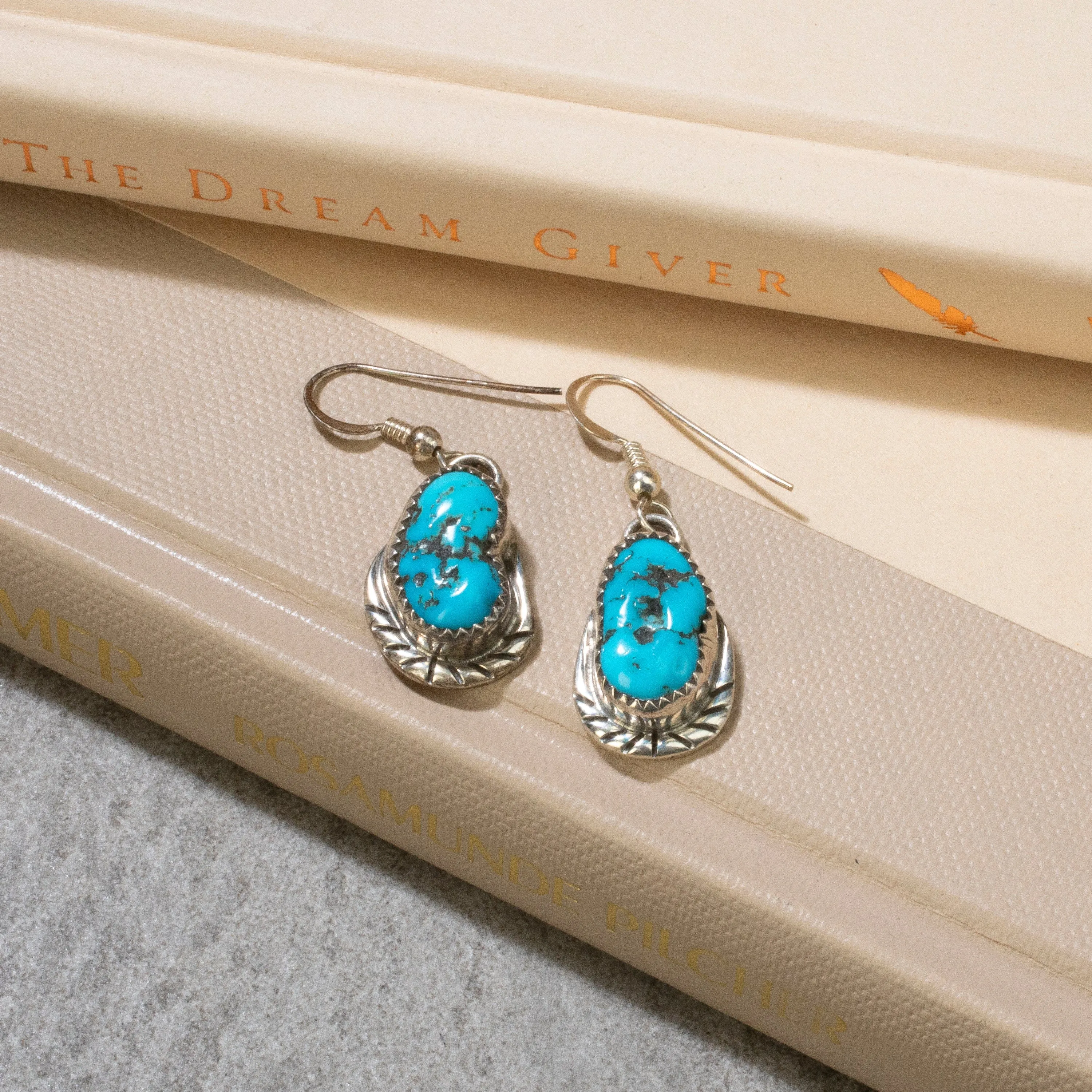 Sleeping Beauty Turquoise Dangle Navajo USA Native American Made 925 Sterling Silver Earrings with French Hook