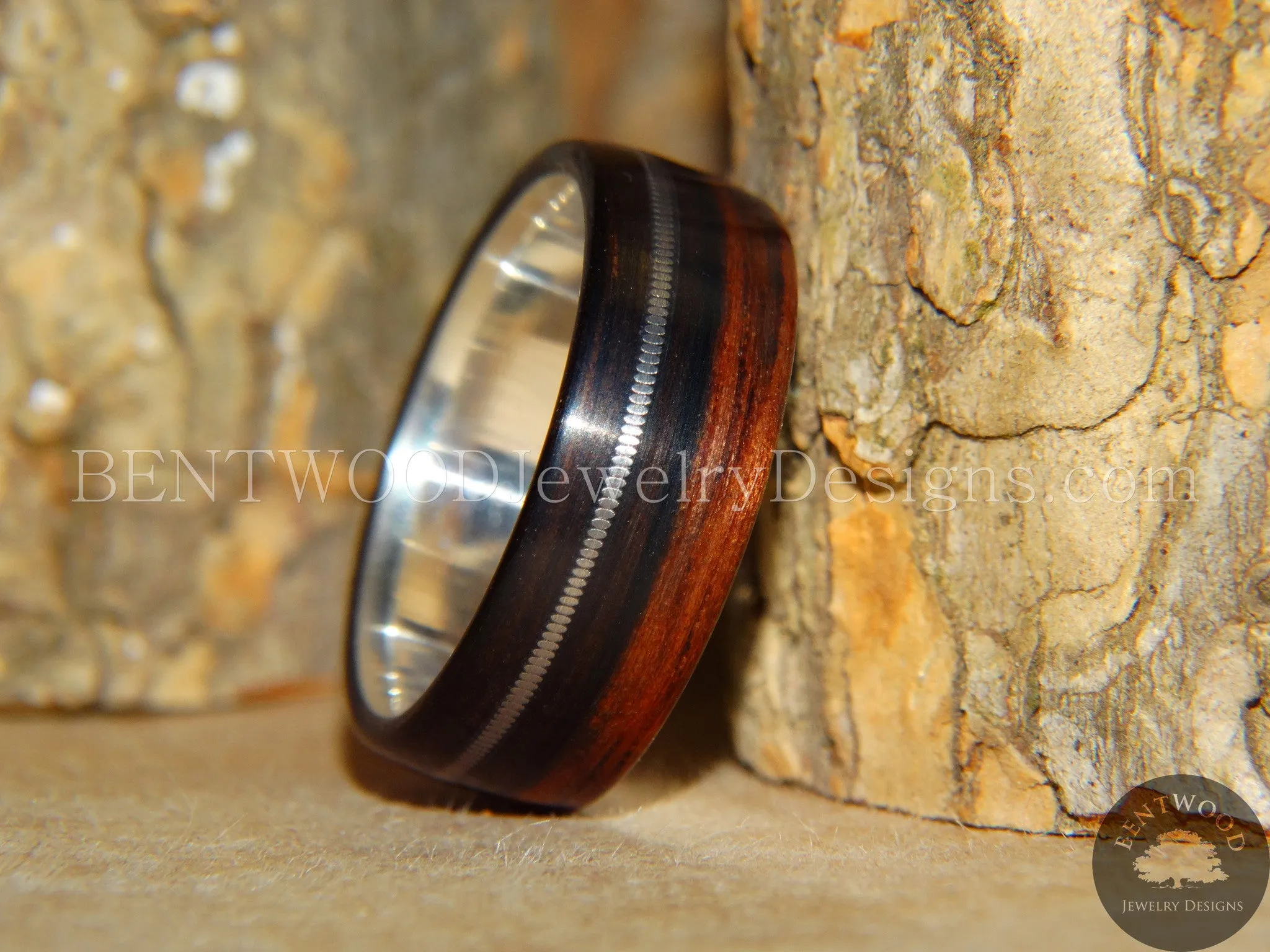 Tazzy Bentwood Ring - Tuli Love Ebony Wood Ring with Stainless Steel Core and Thick Silver Guitar String Inlay