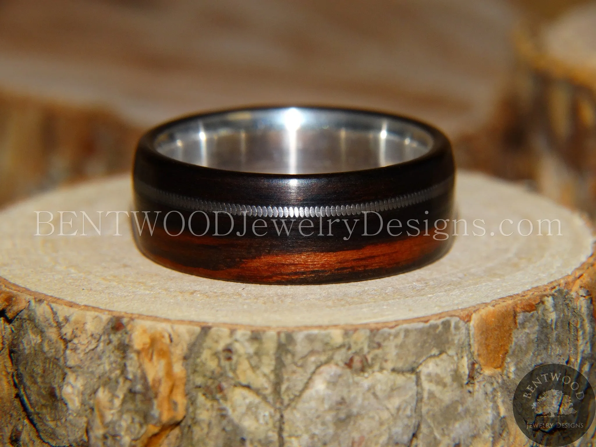 Tazzy Bentwood Ring - Tuli Love Ebony Wood Ring with Stainless Steel Core and Thick Silver Guitar String Inlay