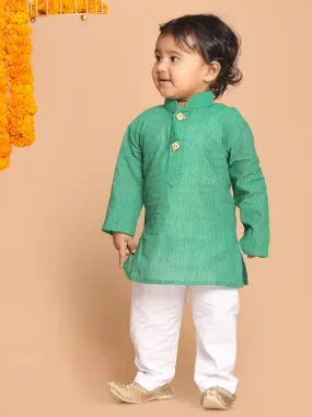 VASTRAMAY Boy's Green Striped Pure Cotton Kurta