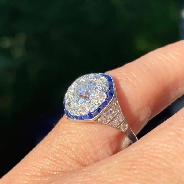 Vintage Diamond & Sapphire Engagement Ring, Old Euro 1.05ct.