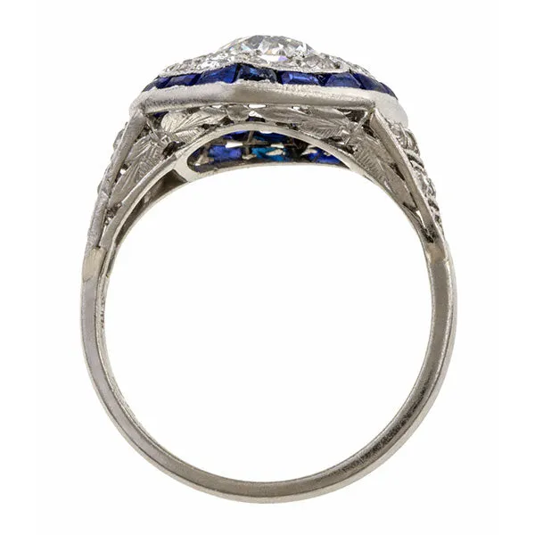 Vintage Diamond & Sapphire Engagement Ring, Old Euro 1.05ct.