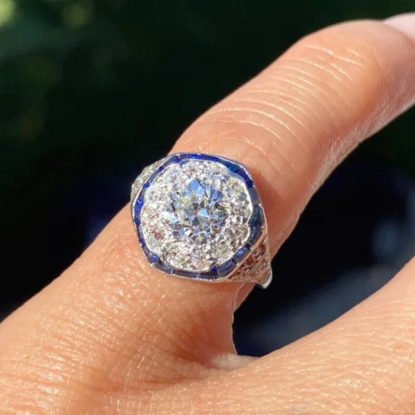 Vintage Diamond & Sapphire Engagement Ring, Old Euro 1.05ct.