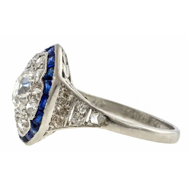 Vintage Diamond & Sapphire Engagement Ring, Old Euro 1.05ct.