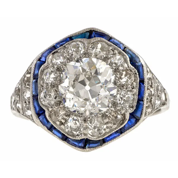 Vintage Diamond & Sapphire Engagement Ring, Old Euro 1.05ct.