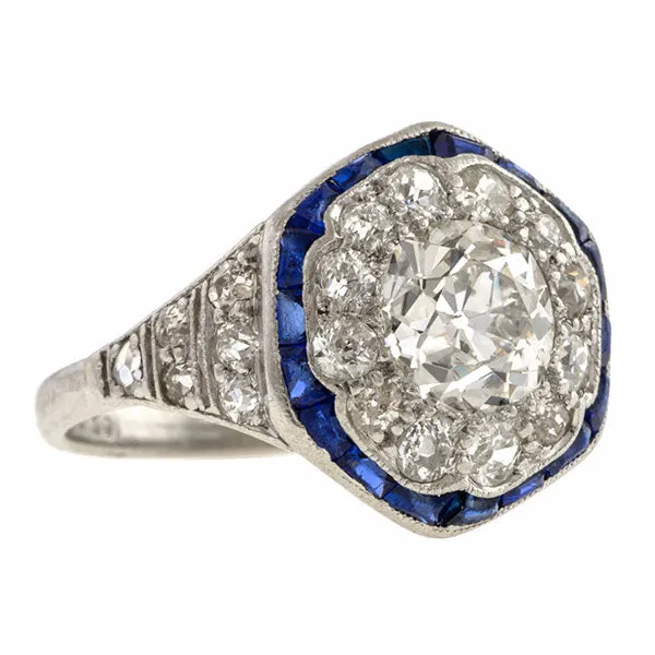 Vintage Diamond & Sapphire Engagement Ring, Old Euro 1.05ct.