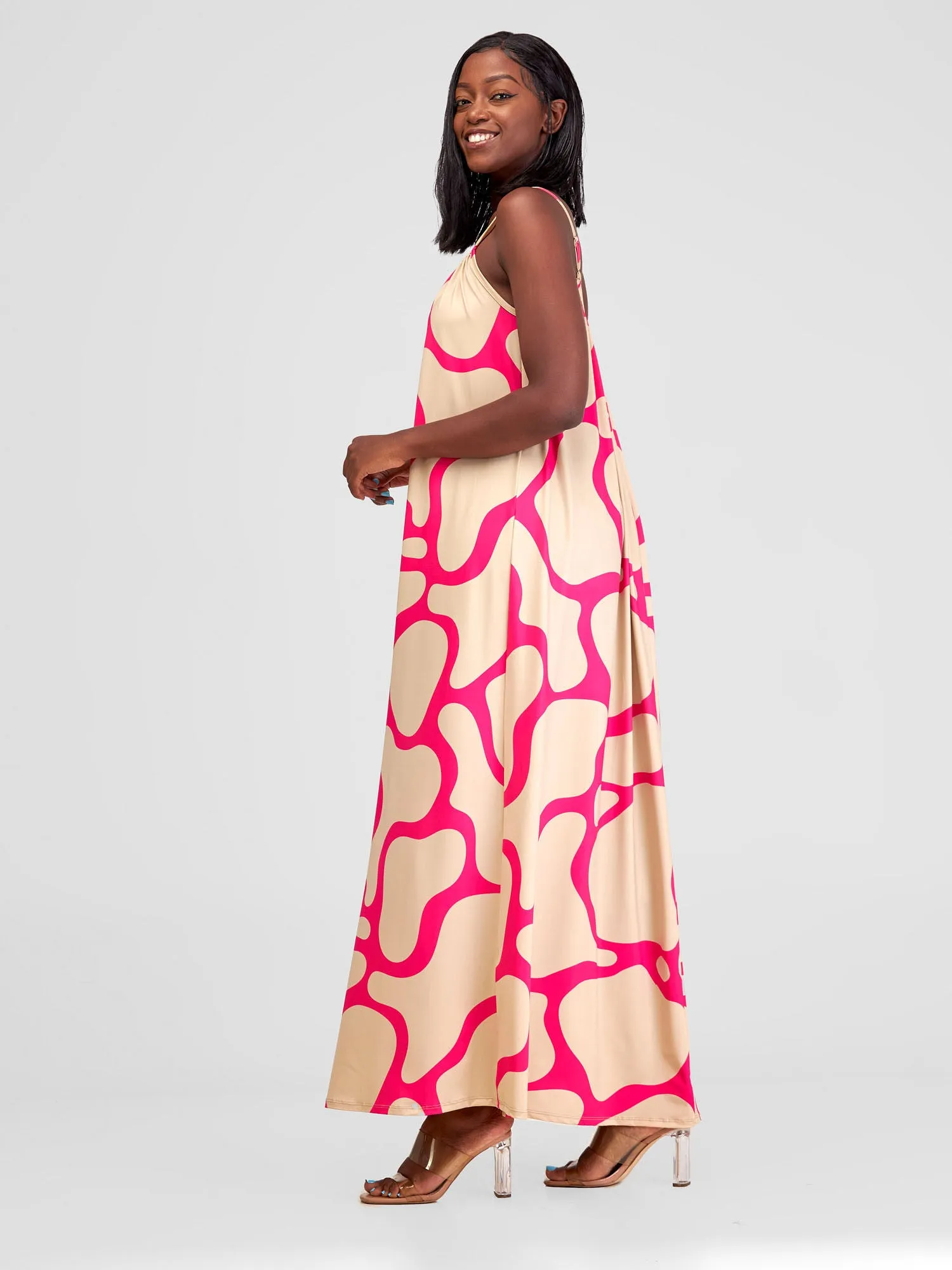 Vivo Sarabi Strappy Low Back Maxi Dress - Taupe / Pink Milia Print