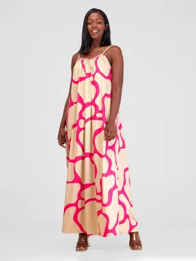 Vivo Sarabi Strappy Low Back Maxi Dress - Taupe / Pink Milia Print